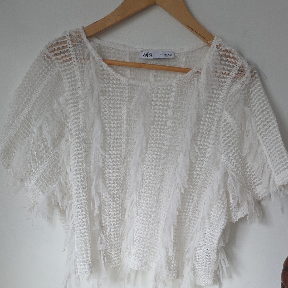 Zara Ivory Textured Fringe Blouse